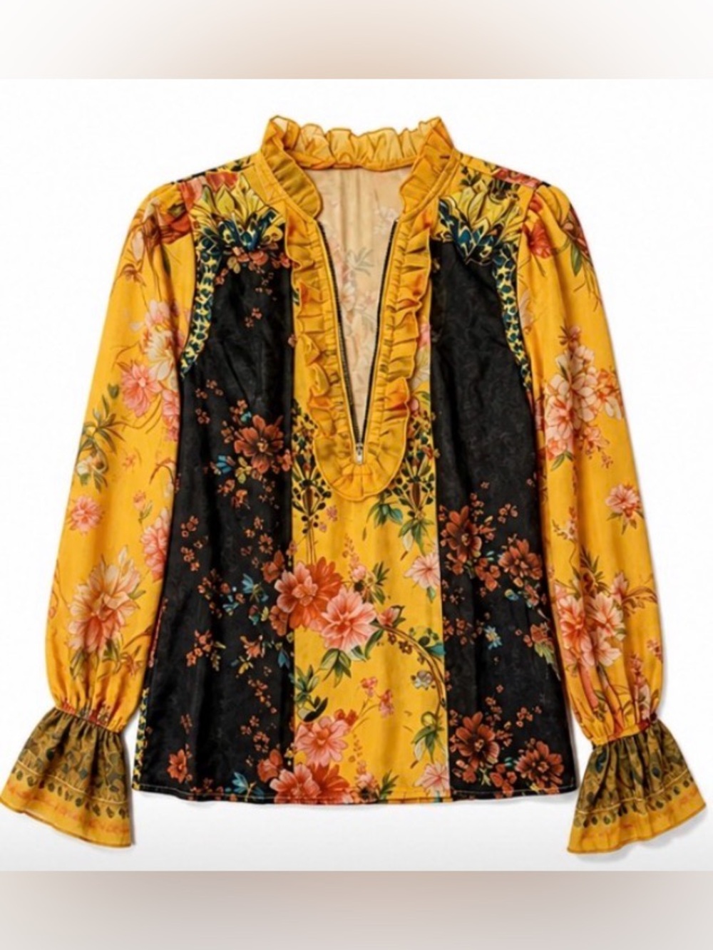 Floral V-Neck Ruffled Blouse - Mustard - Picture 2 of 3